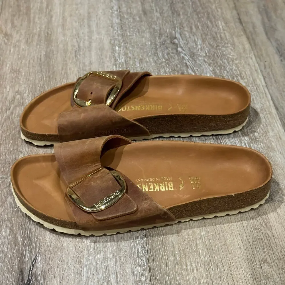 Birkenstock Madrid Big Buckle Oiled Leather Sandals Cognac Gold EU 41 US 10-10.5
